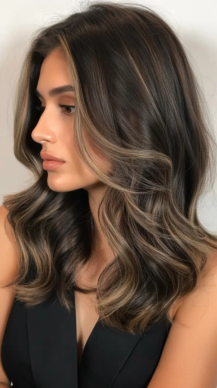 Warm dark brown hair color 2026 Cool-Toned Espresso Waves with Ash Highlights