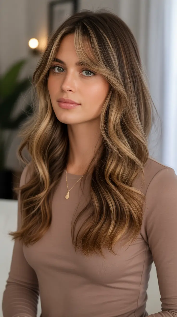 Warm dark brown hair color 2026 Soft Honey Brunette with Airy Curtain Fringe