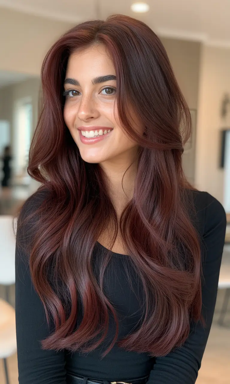 Warm dark brown hair color 2026 Velvet Merlot Brunette with Seamless Shine
