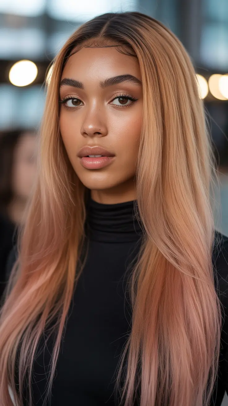 Warm dark brown hair color 2026 Peach-Glazed Brunette Melt