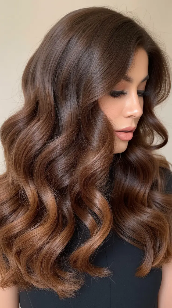 Warm dark brown hair color 2026 Glossy Mocha Curls with Soft Depth