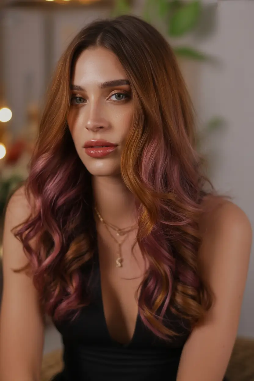 Warm dark brown hair color 2026 Rosewood Brunette with Berry Ends