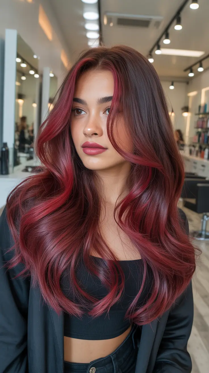 Warm dark brown hair color 2026 Cranberry Ribbon Brunette with Salon Volume