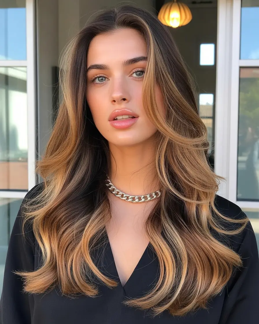 Warm dark brown hair color 2026 – Golden Contour Brunette with Chain-Link Glam