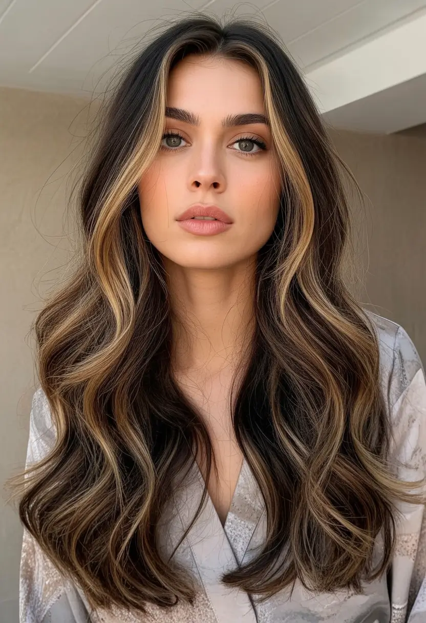 Warm dark brown hair color 2026 – Sunlit Honey Ribbons on Long Brunette Lengths