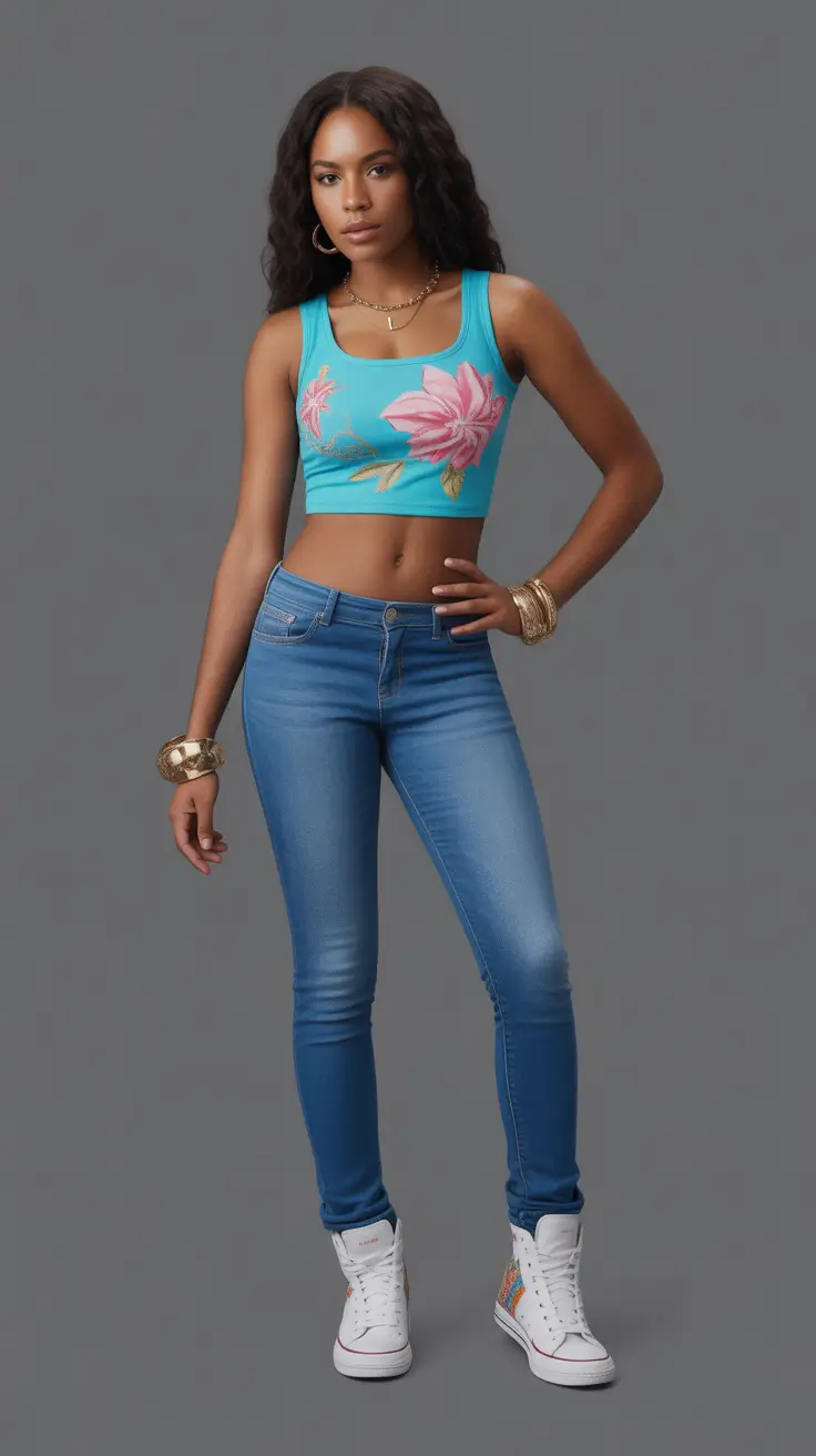 y2k outfits for women 2026 - Floral Baby Tee And Classic Skinny Denim