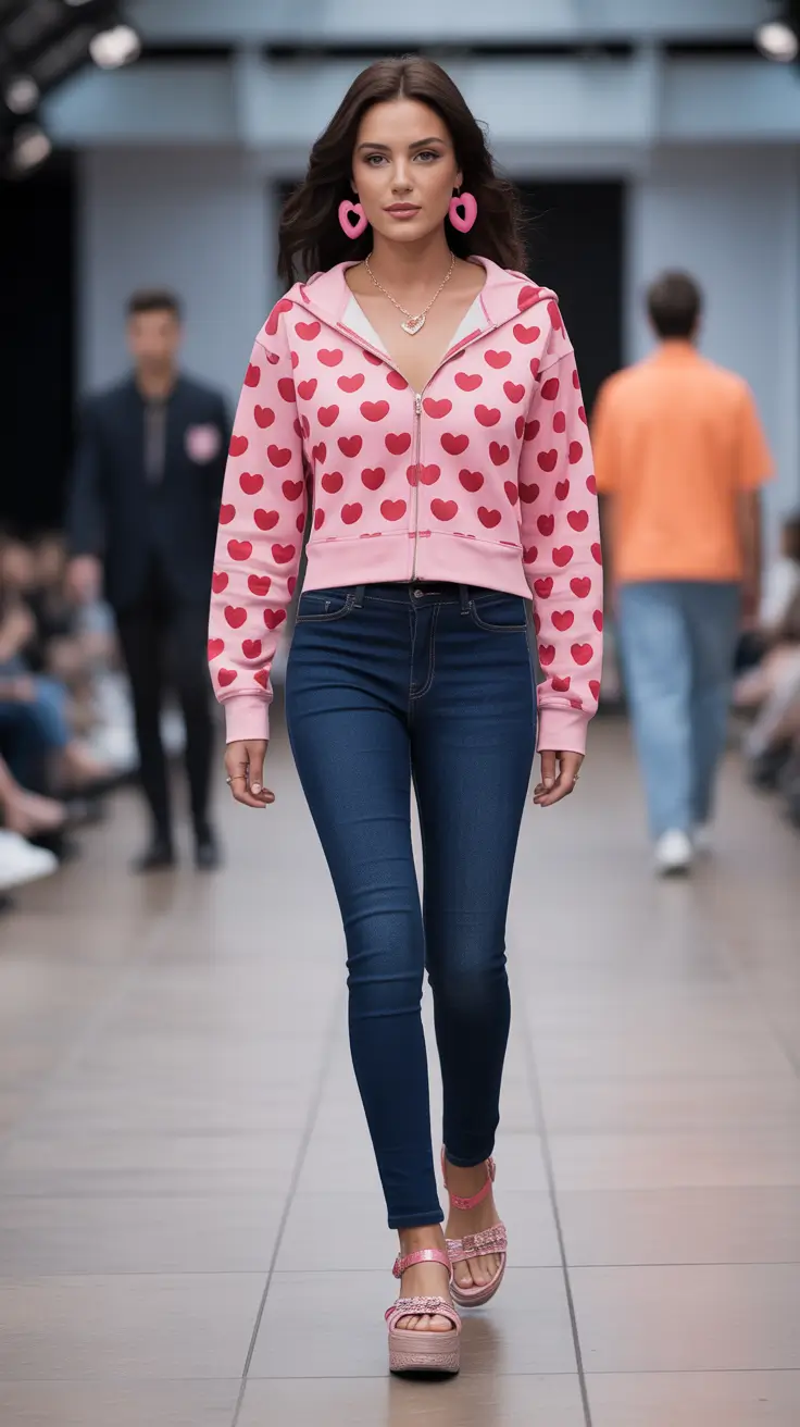 y2k outfits for women 2026 - Heart-Print Zip Hoodie With Dark Denim