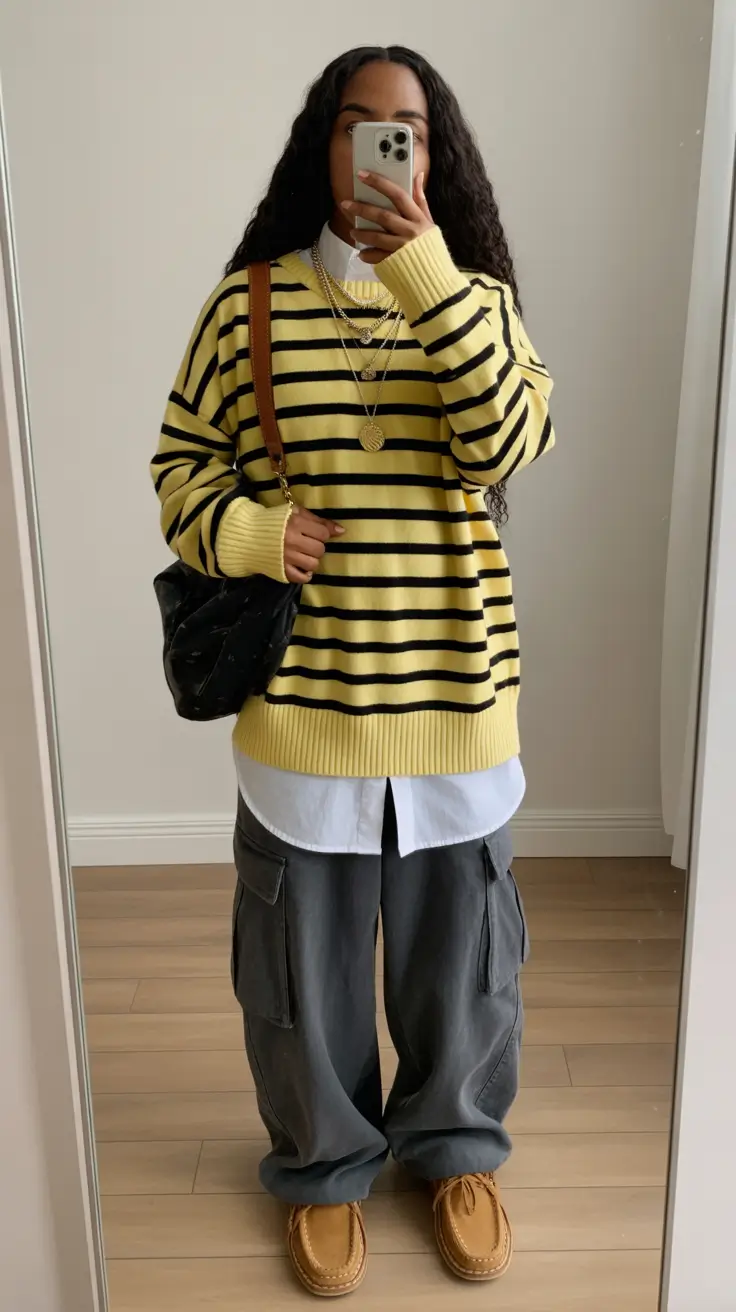 y2k outfits for women 2026 - Striped Knit White Layering And Gray Cargo