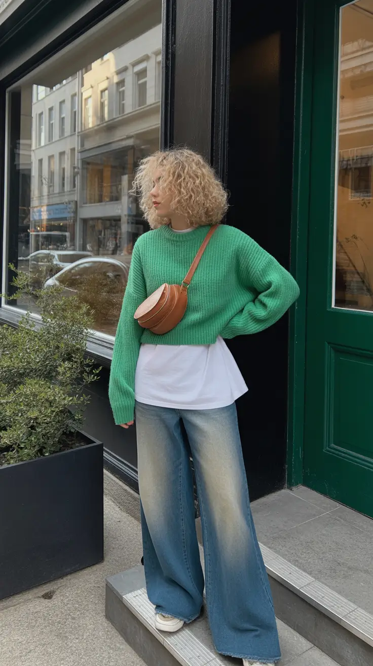 y2k outfits for women 2026 - Green Knit And Faded Wide Denim