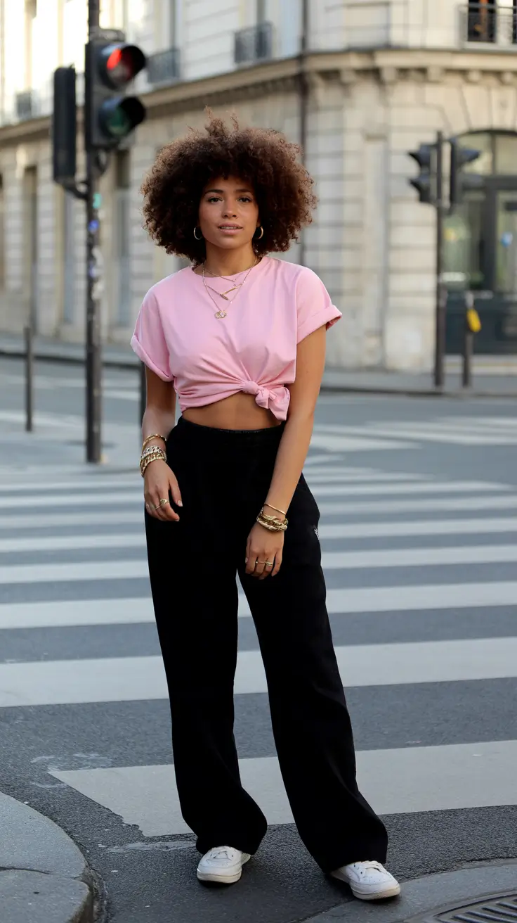 y2k outfits for women 2026 - Pink Cropped Tee And Black Relaxed Trousers