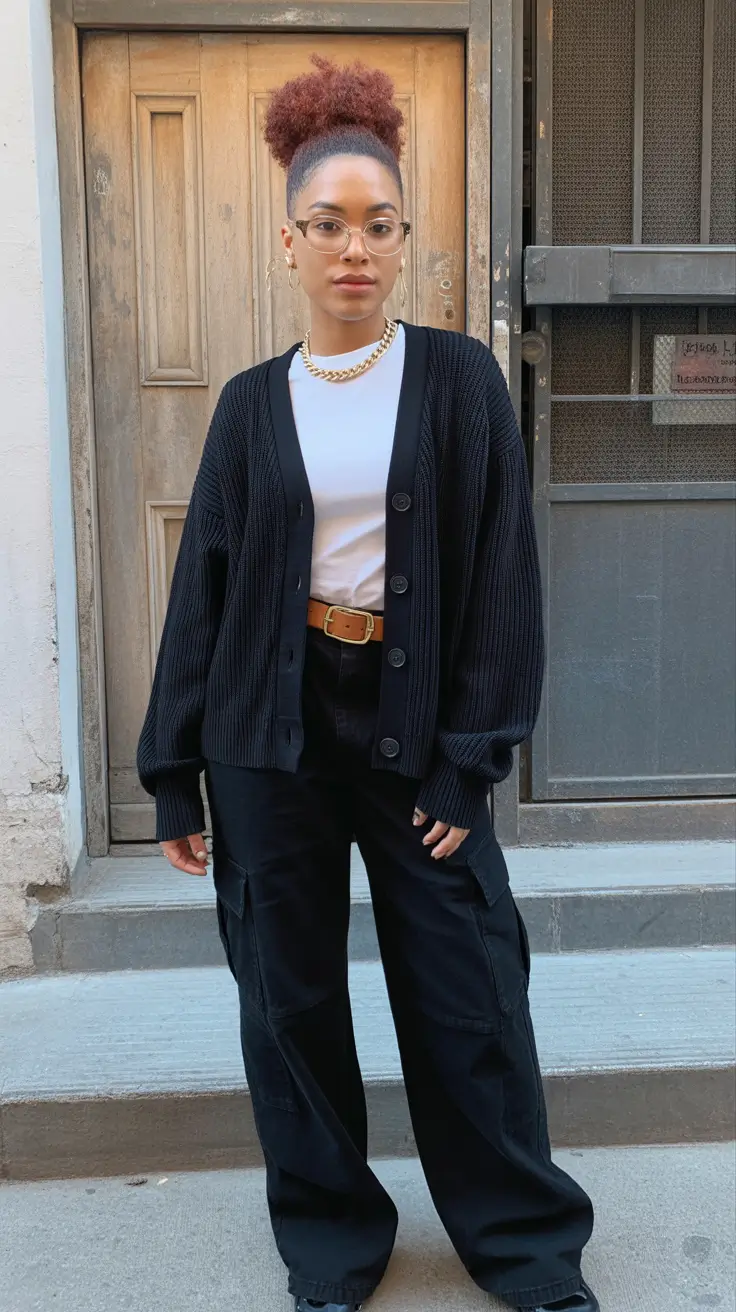 y2k outfits for women 2026 - Black Cardigan Layering With Clean Cargo Silhouette