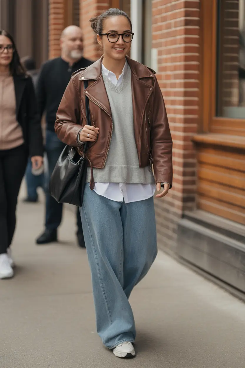 y2k outfits for women 2026 - Soft Layered Knit Under a Brown Leather Jacket