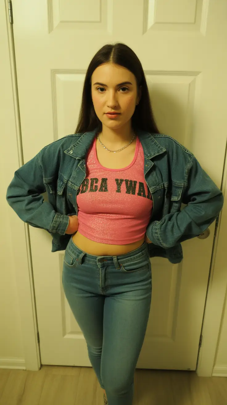 y2k outfits for women 2026 - Pink Shimmer Crop Top With Denim On Denim