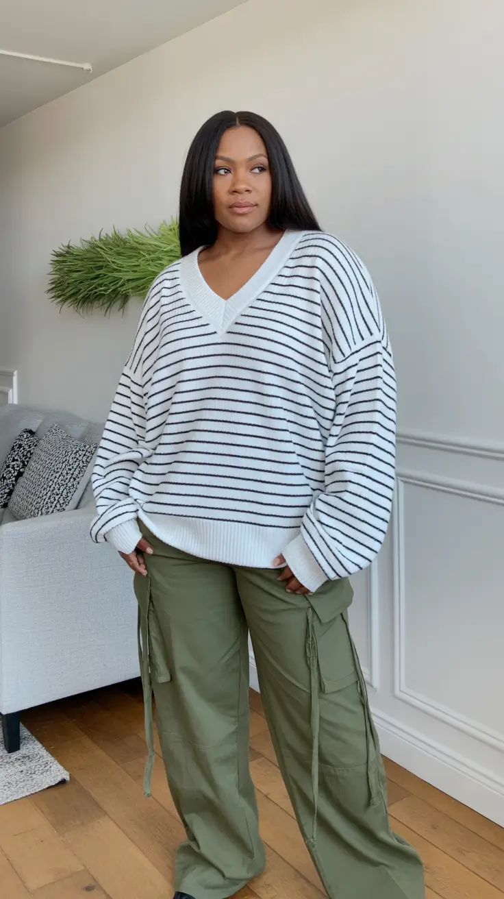 y2k outfits for women 2026 - Striped Oversized Knit and Olive Cargo Pants