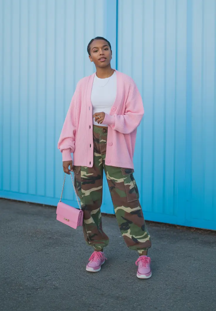 y2k outfits for women 2026 - Bubblegum Cardigan And Camo Cargo Clash
