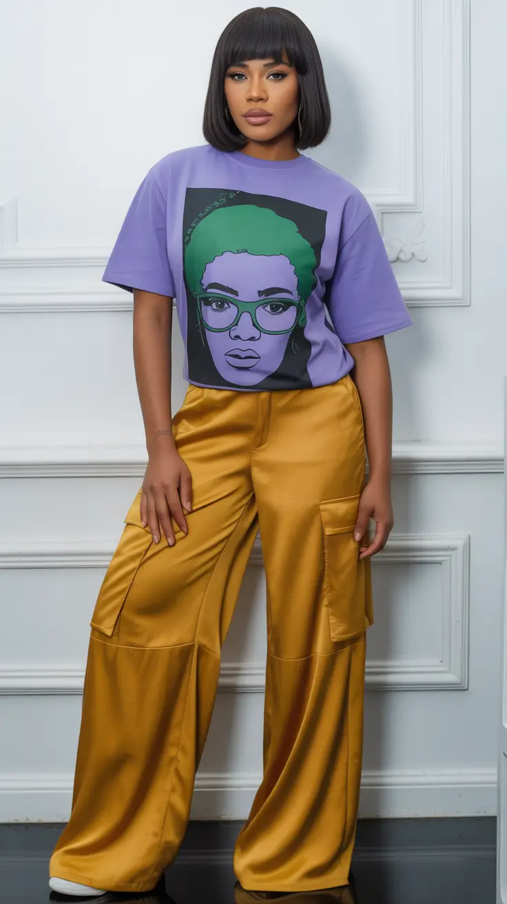 y2k outfits for women 2026 - Bold Graphic Tee And Golden Cargo Trousers