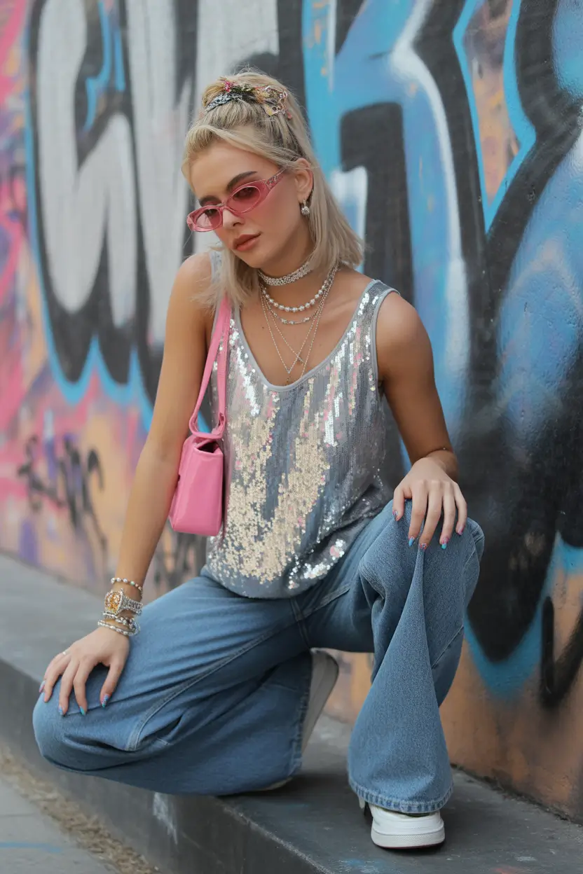 y2k outfits for women 2026 - Silver Sequin Tank And Baggy Denim For Night-Out Energy