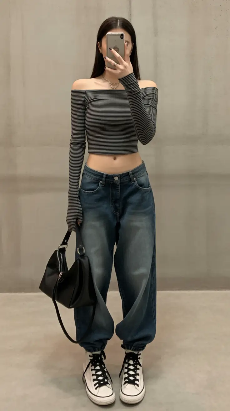 y2k outfits for women 2026 - Striped Off-Shoulder Crop And Slouchy Denim