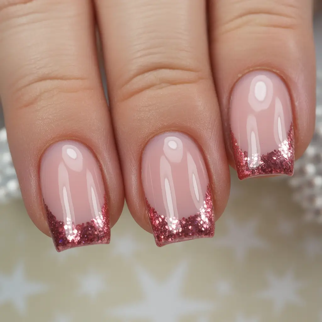acrylic nail designs 2026 Pink Glitter French Short Square