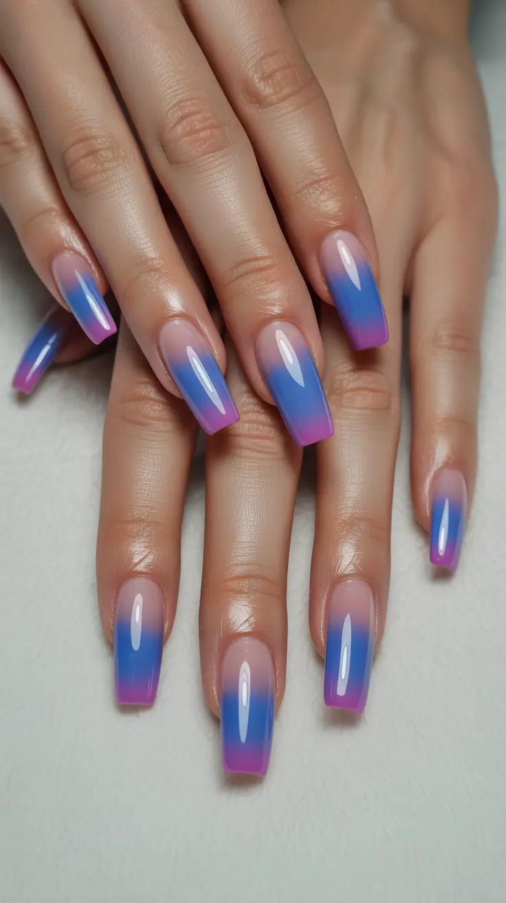 acrylic nail designs 2026 Blue Purple Ombre Long Acrylics