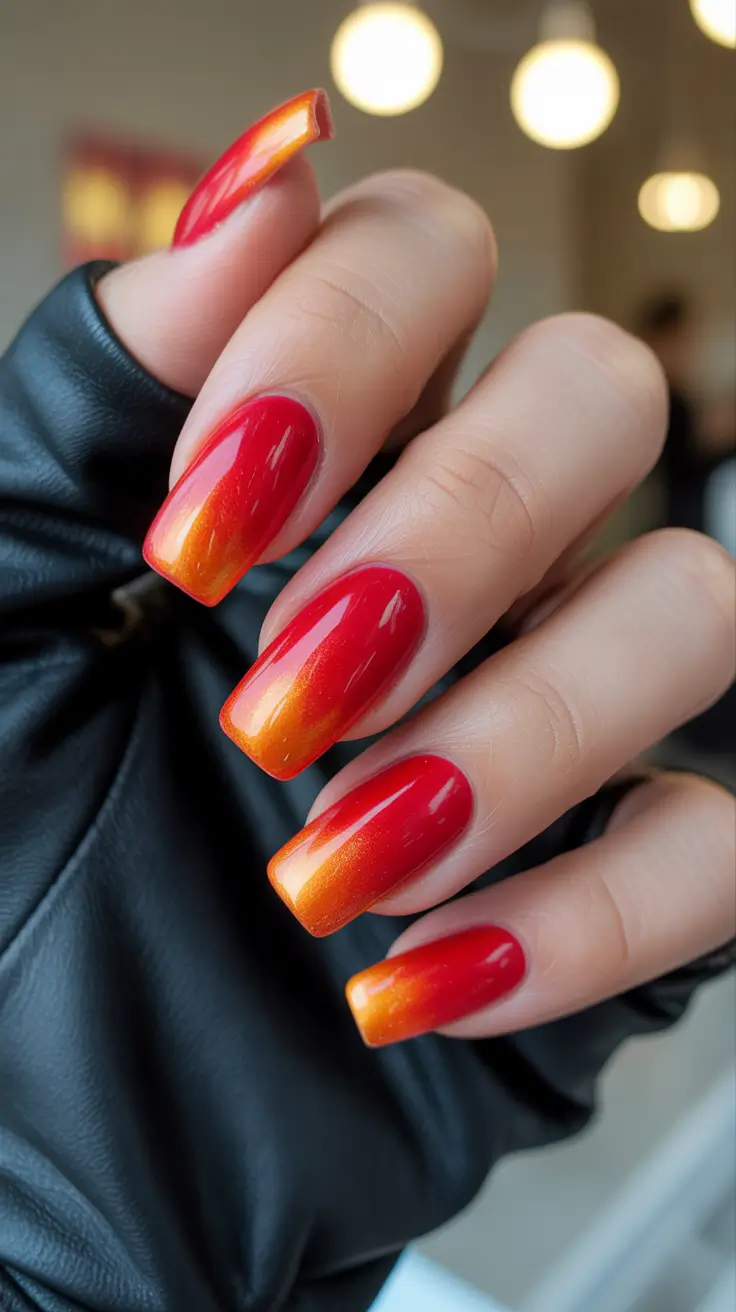 acrylic nail designs 2026 Red Orange Gradient Acrylics