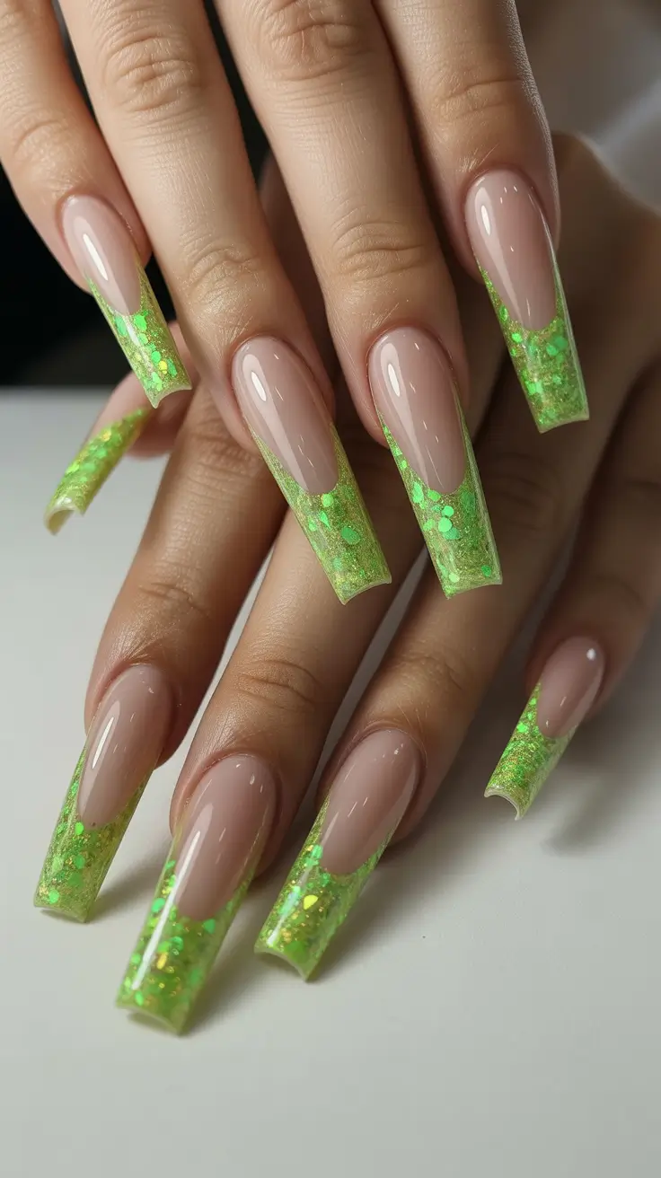 acrylic nail designs 2026 Neon Green Glitter Long Square Acrylics