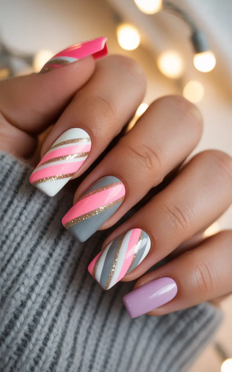 acrylic nail designs 2026 pastel pink gray striped acrylics