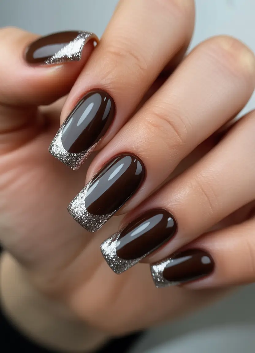 acrylic nail designs 2026 Chocolate Brown With Silver French Tips
