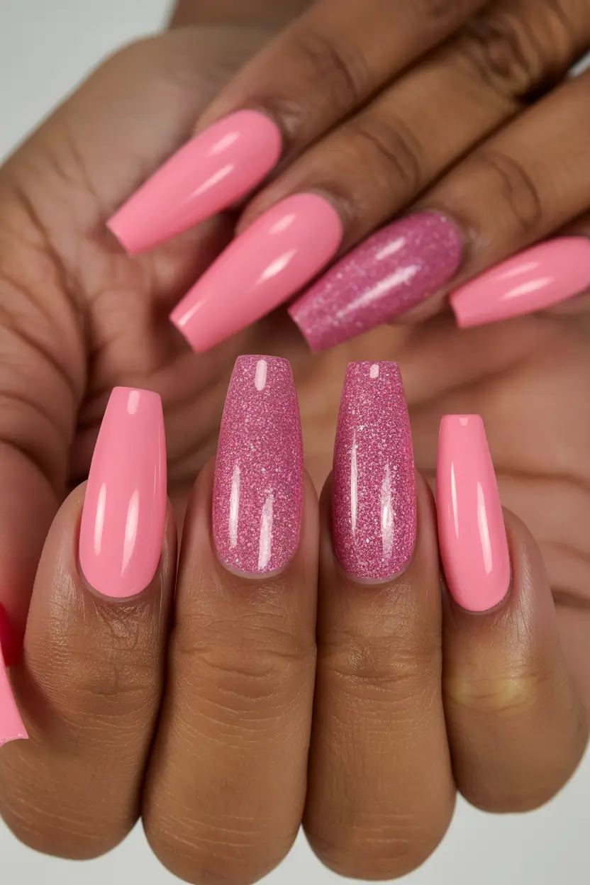 acrylic nail designs 2026 Glossy Pink Acrylics With Glitter Accent Nails