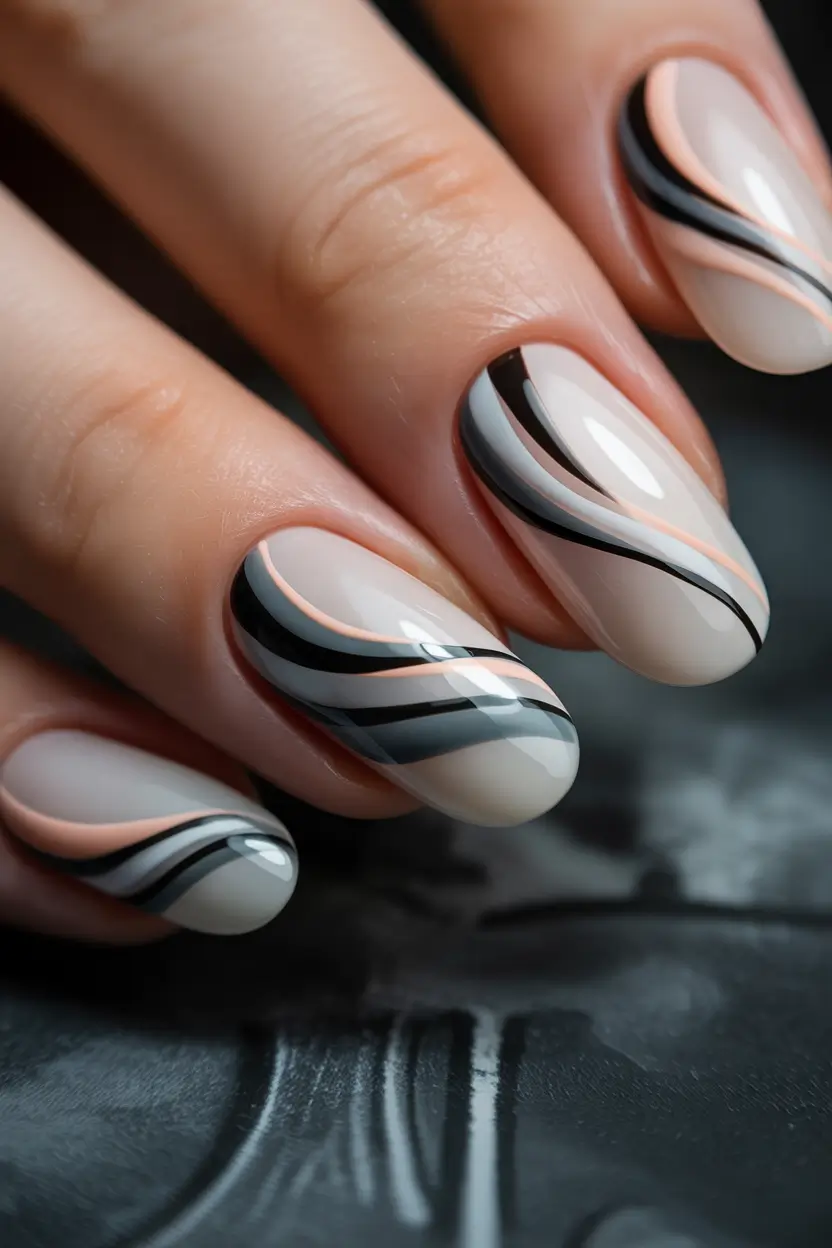 acrylic nail designs 2026 Graphic Nude Acrylics With Black Lines