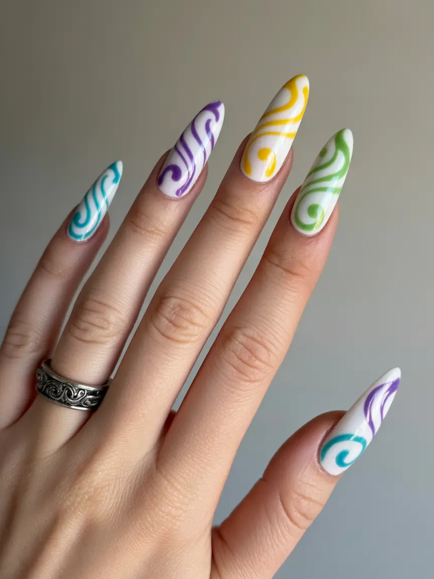 Almond nail art ideas 2026 Minimal White Almond Nails With Color Swirl Details