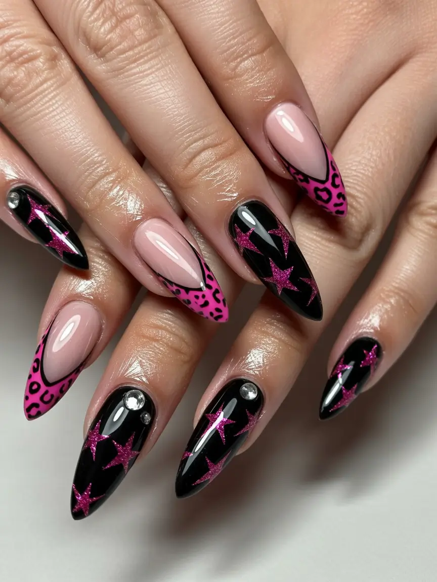 Almond nail art ideas 2026 Bold Pink and Black Almond Nails With Star Art