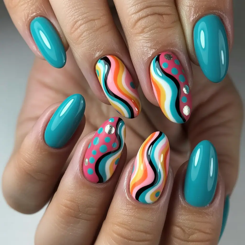 Almond nail art ideas 2026 Turquoise Almond Nails With Retro Wave Designs
