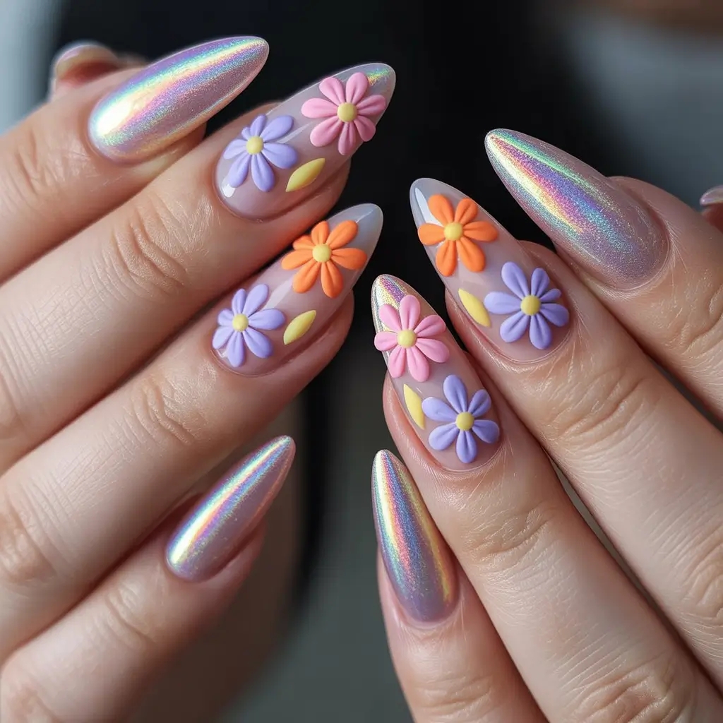 Almond nail art ideas 2026 Chrome Almond Nails With Pastel Flower Art
