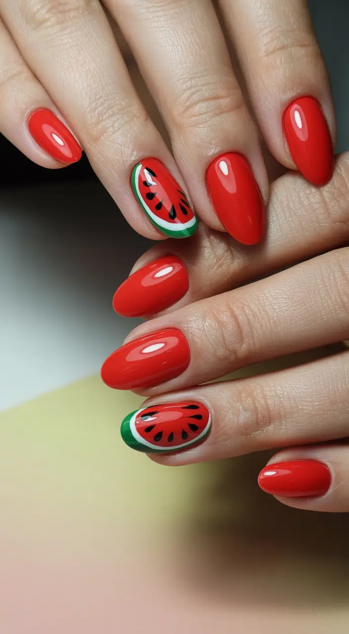 Almond nail art ideas 2026 Classic Red Almond Nails With Fruit Accent Art