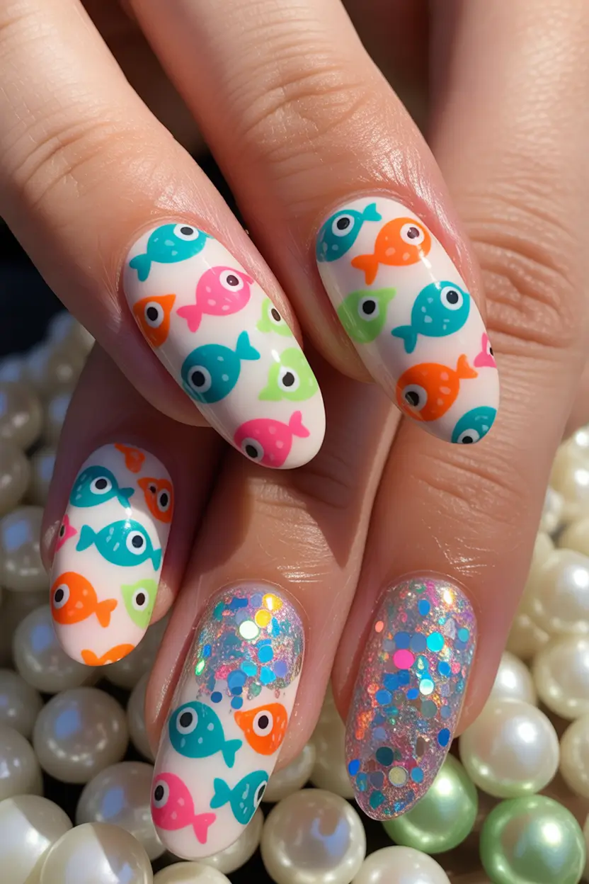 Almond nail art ideas 2026 Playful Almond Nails With Colorful Fish Art