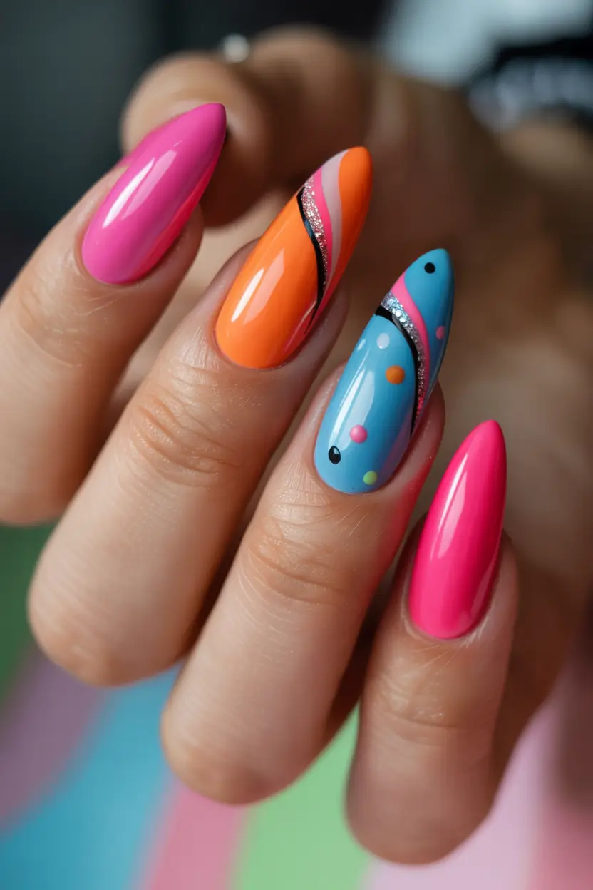 Almond nail art ideas 2026 Bright Pink and Blue Almond Nails With Graphic Lines