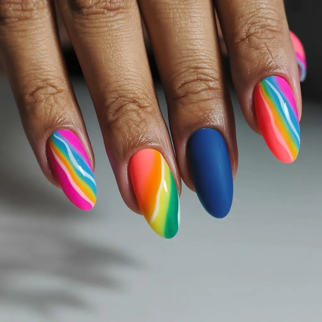 Almond nail art ideas 2026 Rainbow Almond Nails With Bold Color Transitions