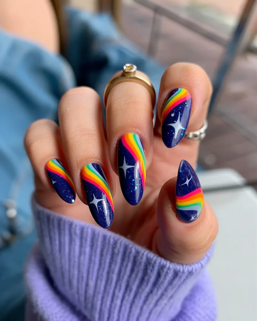 Almond nail art ideas 2026 Cosmic Blue Almond Nails With Rainbow Accents