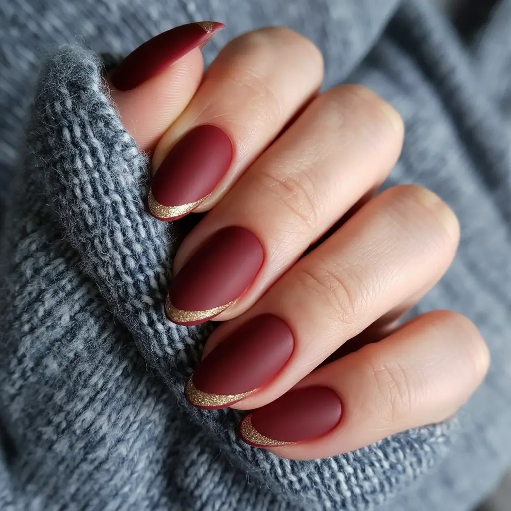 Almond nail art ideas 2026 Matte Burgundy Almond Nails With Gold French Tips