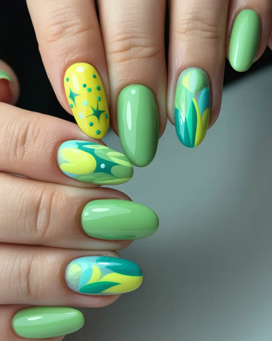 Almond nail art ideas 2026 Fresh Green Almond Nails With Playful Graphic Art