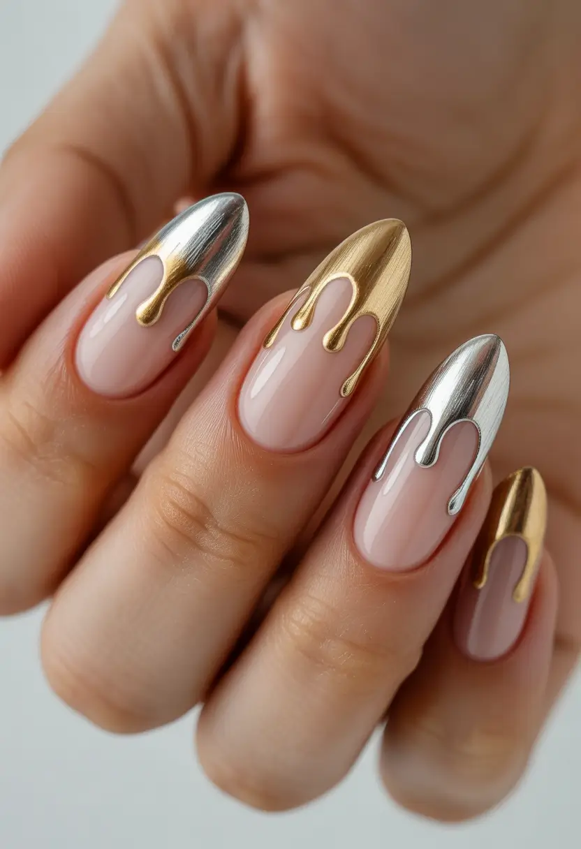 Almond nail art ideas 2026 Chrome Almond Nails With Dripping Gold and Silver Accents