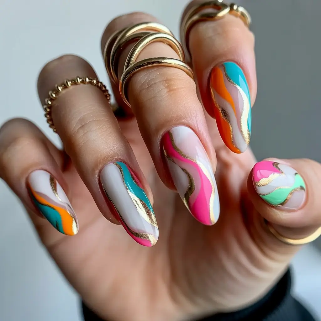 Almond nail art ideas 2026 Soft Abstract Almond Nails With Gold Details