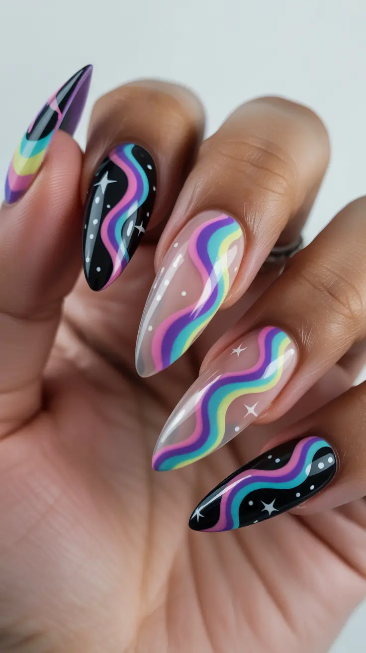 Almond nail art ideas 2026 Graphic Rainbow Almond Nails With Contrast Bases