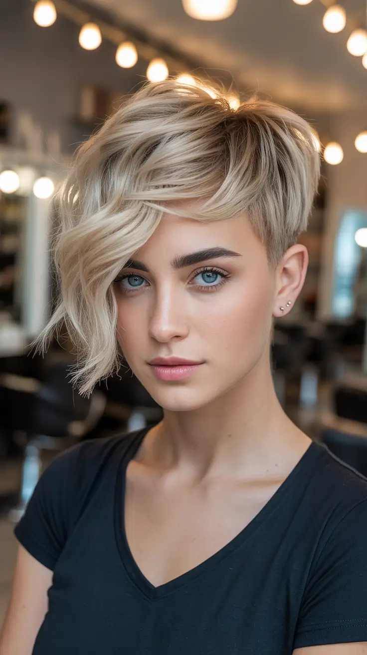Asymmetrical pixie haircut ideas 2026 Voluminous Blonde Wave-Front Pixie