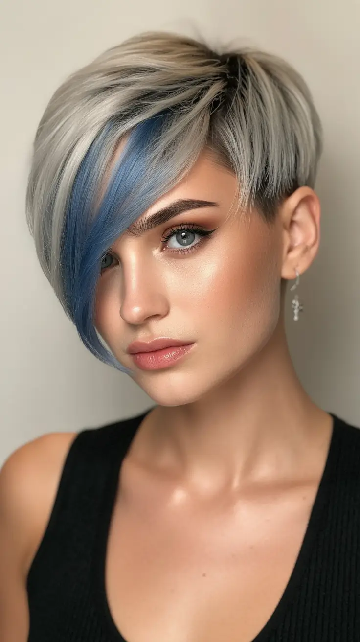 Asymmetrical pixie haircut ideas 2026 Silver Pixie With Blue Accent Panel