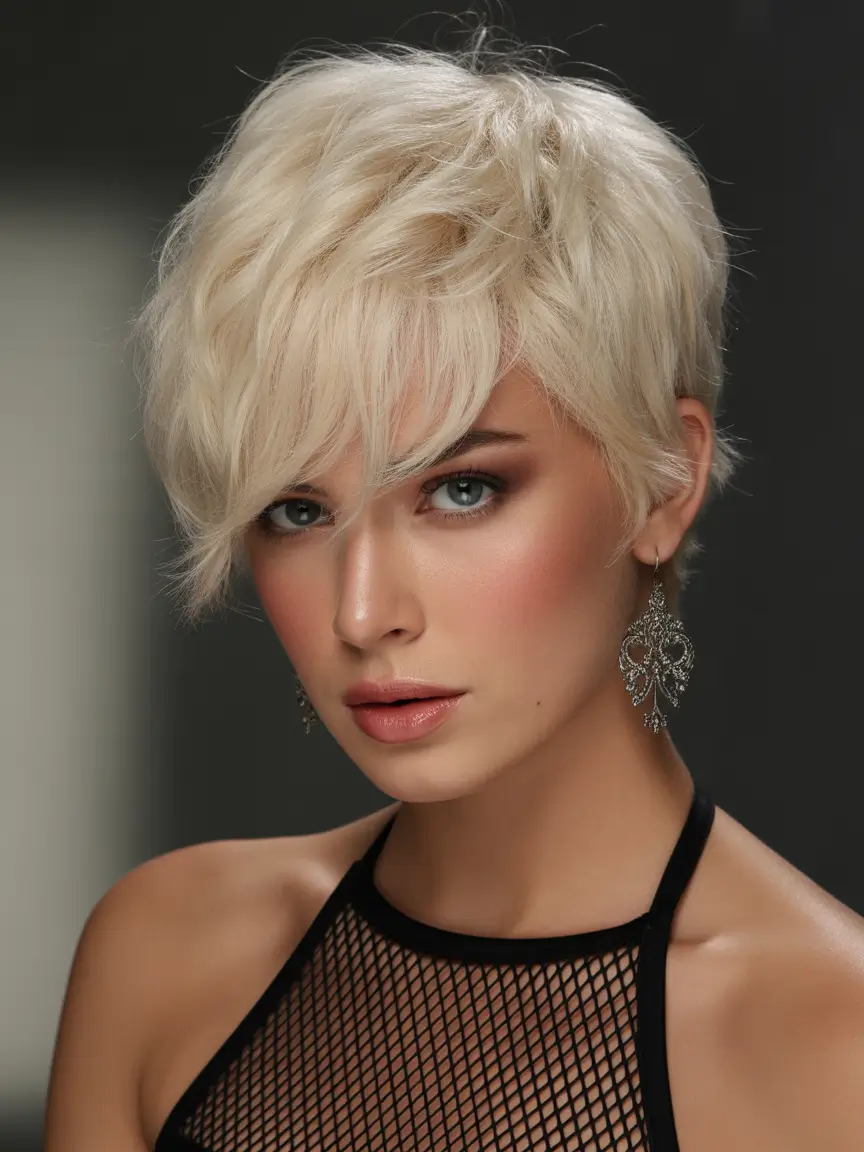 Asymmetrical pixie haircut ideas 2026 Soft Textured Platinum Pixie With Feathered Bangs