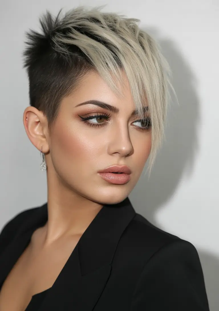Asymmetrical pixie haircut ideas 2026 High-Contrast Undercut Pixie With Long Top