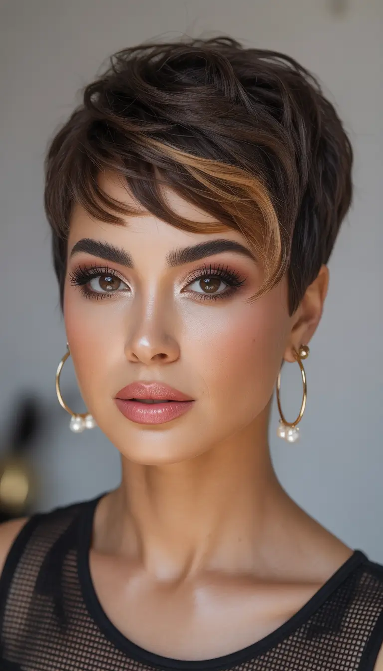 Asymmetrical pixie haircut ideas 2026 Warm Brunette Pixie With Caramel Contour Highlights
