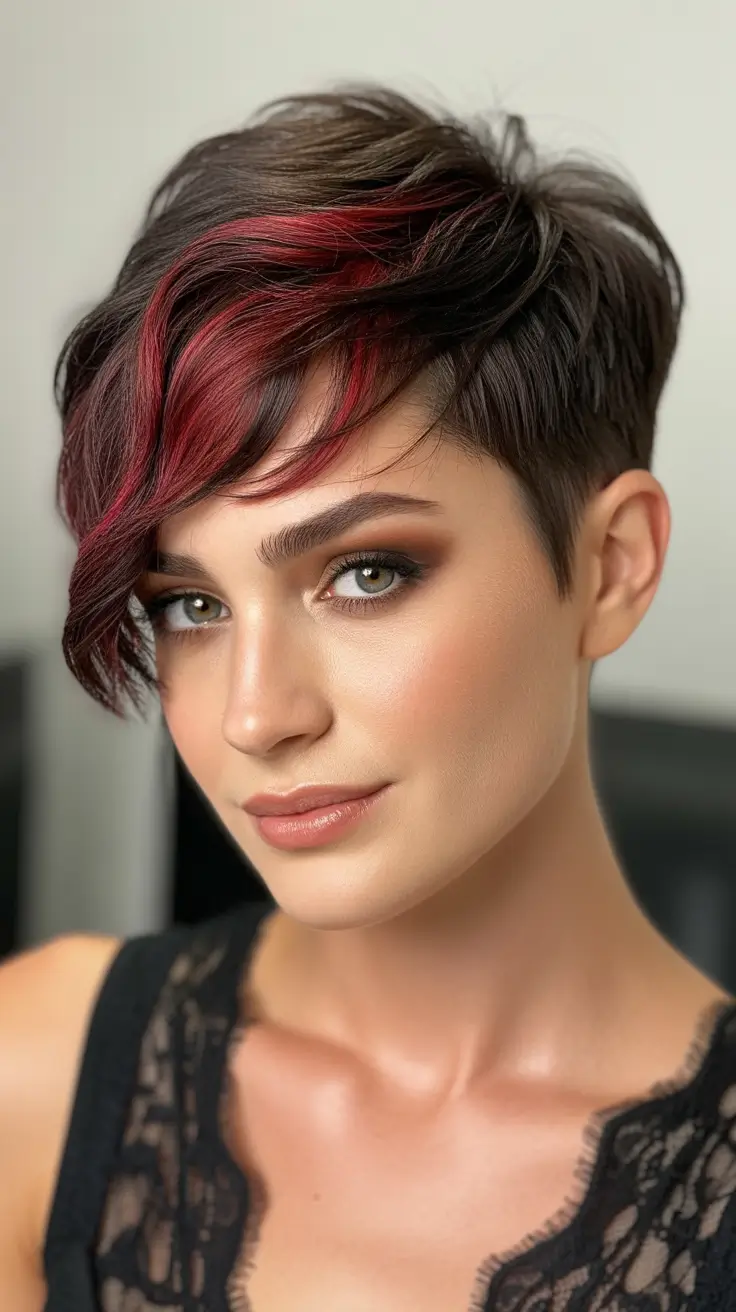 Asymmetrical pixie haircut ideas 2026 Edgy Pixie With Red Accent Streaks